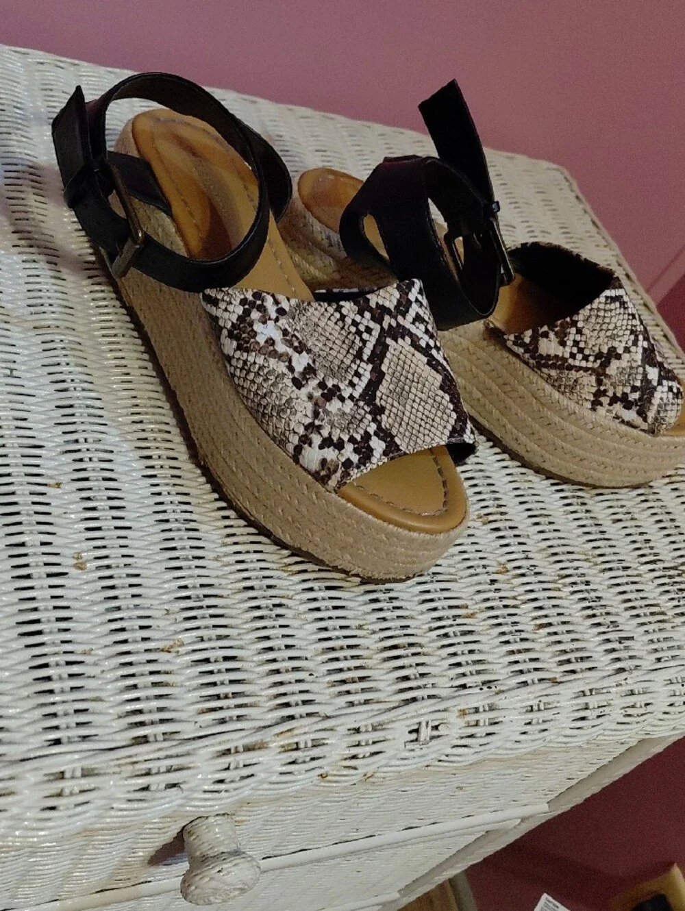 Snake-Print Espadrille Platform Sandals with Black Ankle Strap